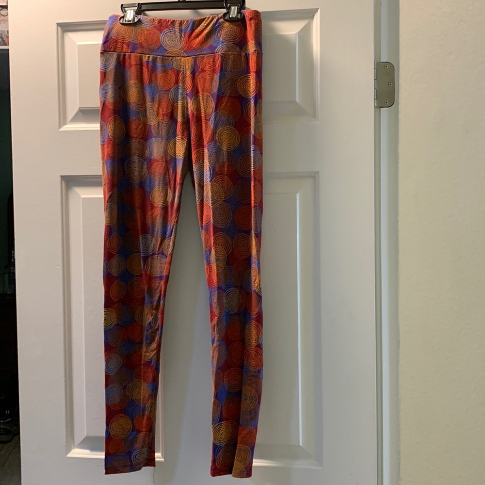 LuLaRoe leggings, one size, soft, geometric circles, blue, purple, orange, red